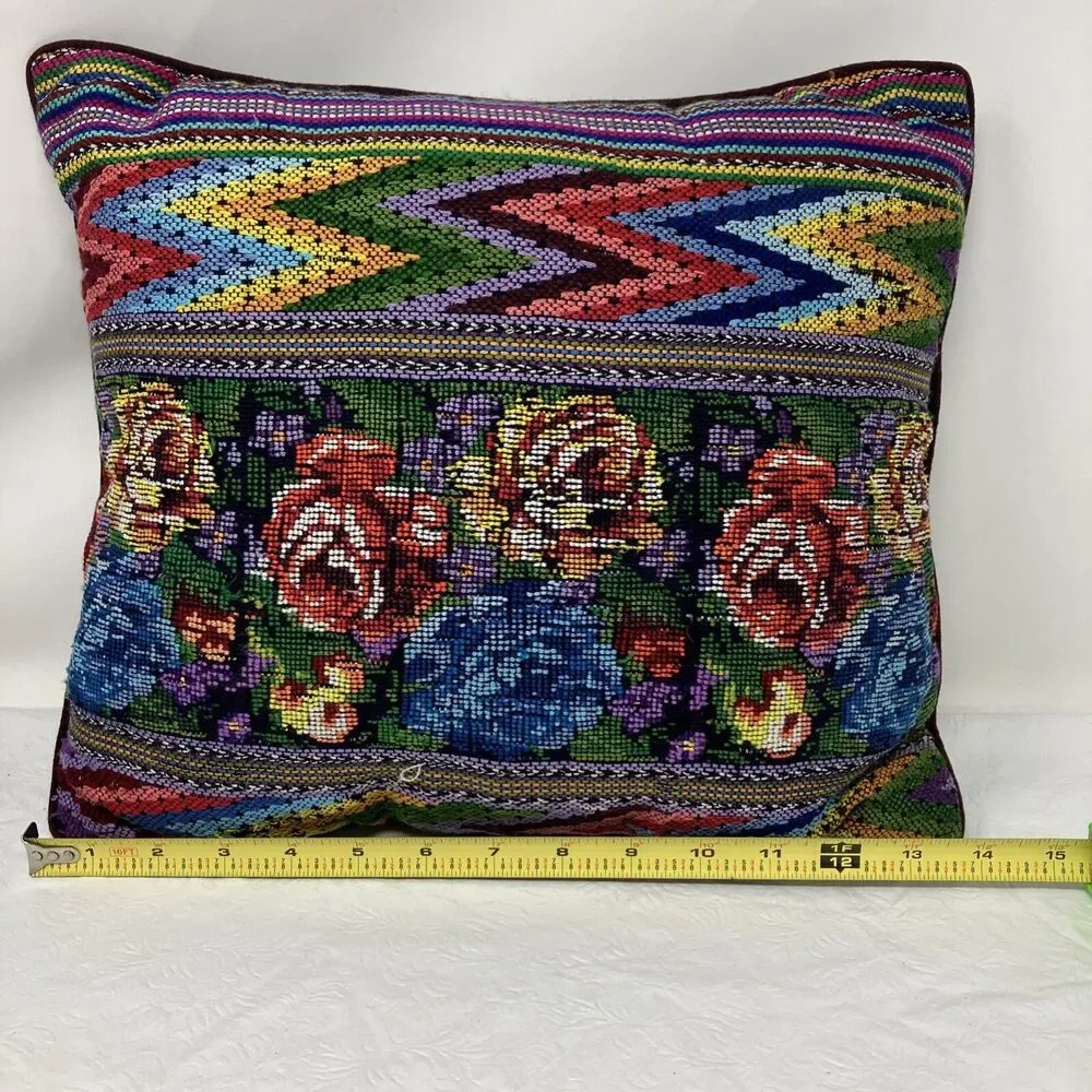 Floral Needlepoint Throw Pillow Rose Zig Zag Stripe cottagecore grannycore VTG